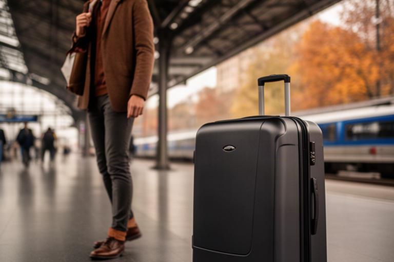 Dunkler Hartschalenkoffer neben einer Reisenden auf einem modernen Bahnhof in der Herbstsaison