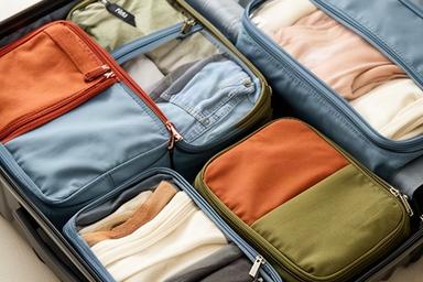 Fünfteiliges Packwürfel-Set in verschiedenen Grössen auf einem offenen Koffer