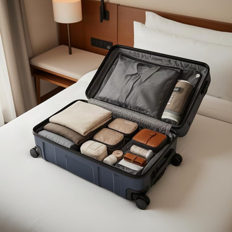 Geöffneter Koffer der Urban-Traveller-Kollektion mit sauber geordneten Packfächern in einem Hotelzimmer