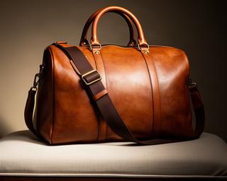 Cognacfarbene Weekender-Reisetasche aus Leder mit Schulterriemen auf einer Sitzbank