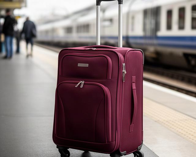 Bordeauxfarbener Weichgepäck-Trolley auf einem Bahnsteig mit ausziehbarem Griff