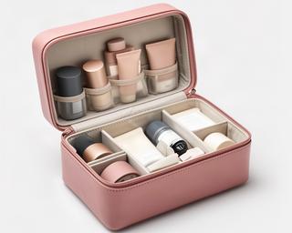 Eleganter Kosmetik-Koffer in Rosé mit geöffnetem Innenraum und mehreren Fächern