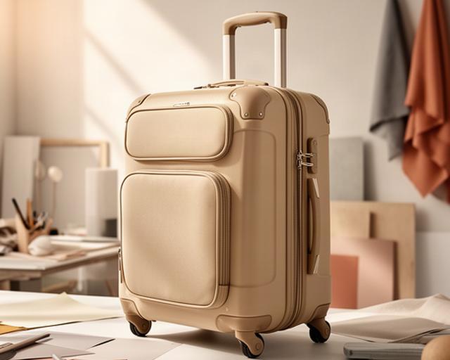 Sandfarbener Hybrid-Trolley der mittleren Grösse mit gepolstertem Griff im Atelier
