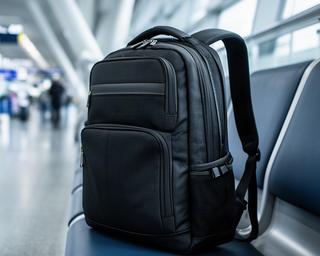 Schwarzer Kabinen-Rucksack mit Laptopfach und gepolsterten Trägern an einem Flughafenterminal