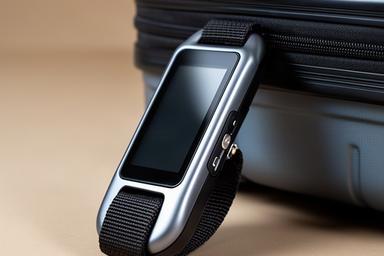 Digitale Kofferwaage mit beleuchtetem Display neben einem Reisekoffer