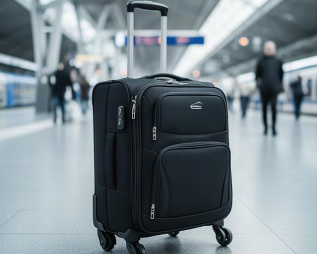 Schwarzer Weichgepäckkoffer mit Aussentaschen in einer modernen Bahnhofshalle