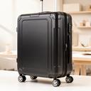 Schwarzer Hartschalenkoffer mit vier Rollen in einem hellen Reiseatelier