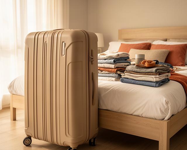 Grosser sandfarbener Hartschalenkoffer neben einem gepackten Bett für eine längere Reise