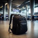 Schwarzer Reiserucksack mit gepolstertem Fach in einer Bahnhofshalle